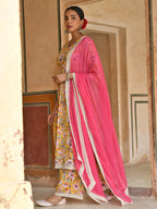 Janasya Women's Yellow Cotton Floral Print Kurta With Palazzo And Dupatta | Grocsy