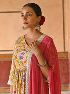 Janasya Women's Yellow Cotton Floral Print Kurta With Palazzo And Dupatta | Grocsy