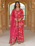 Janasya Women's Pink Cotton Floral Block Print Short Kurta With Sharara And Dupatta | Grocsy