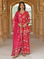 Janasya Women's Pink Cotton Floral Block Print Short Kurta With Sharara And Dupatta | Grocsy