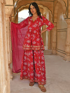 Janasya Women's Pink Cotton Floral Block Print Short Kurta With Sharara And Dupatta | Grocsy