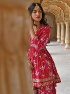 Janasya Women's Pink Cotton Floral Block Print Short Kurta With Sharara And Dupatta | Grocsy