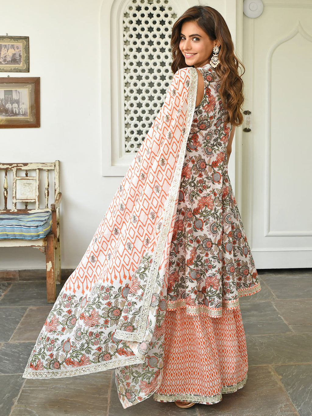 Janasya Women's White Cotton Floral Block Print Kurta With Sharara And Dupatta | Grocsy