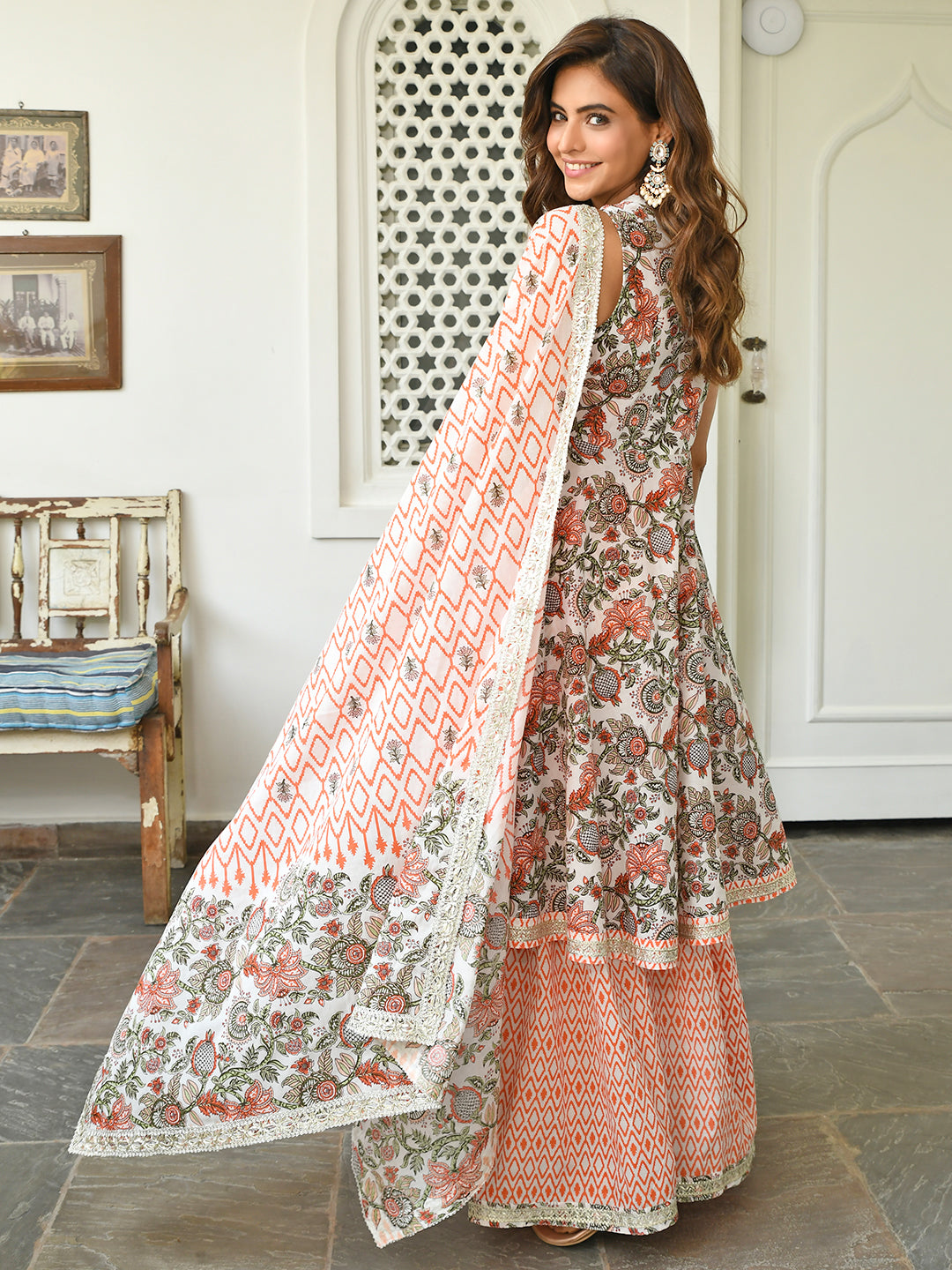 Janasya Women's White Cotton Floral Block Print Kurta With Sharara And Dupatta | Grocsy