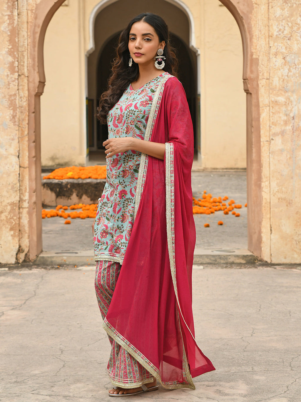 Janasya Women's Sea Green Cotton Floral Block Print Kurta With Palazzo And Dupatta | Grocsy