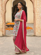 Janasya Women's Sea Green Cotton Floral Block Print Kurta With Palazzo And Dupatta | Grocsy