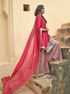 Janasya Women's Sea Green Cotton Floral Block Print Kurta With Palazzo And Dupatta | Grocsy