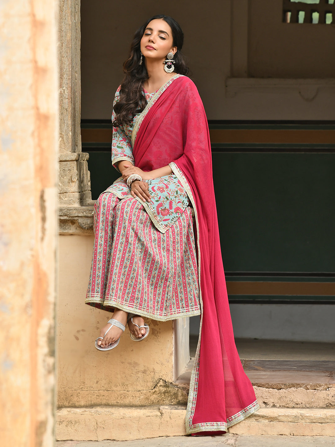 Janasya Women's Sea Green Cotton Floral Block Print Kurta With Palazzo And Dupatta | Grocsy