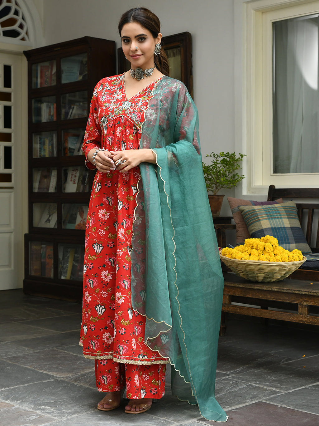 Janasya Women's Red Cotton Floral Block Print Kurta With Palazzo And Dupatta | Grocsy