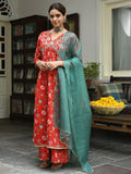 Janasya Women's Red Cotton Floral Block Print Kurta With Palazzo And Dupatta | Grocsy