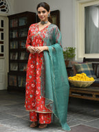 Janasya Women's Red Cotton Floral Block Print Kurta With Palazzo And Dupatta | Grocsy