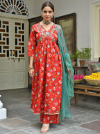 Janasya Women's Red Cotton Floral Block Print Kurta With Palazzo And Dupatta | Grocsy