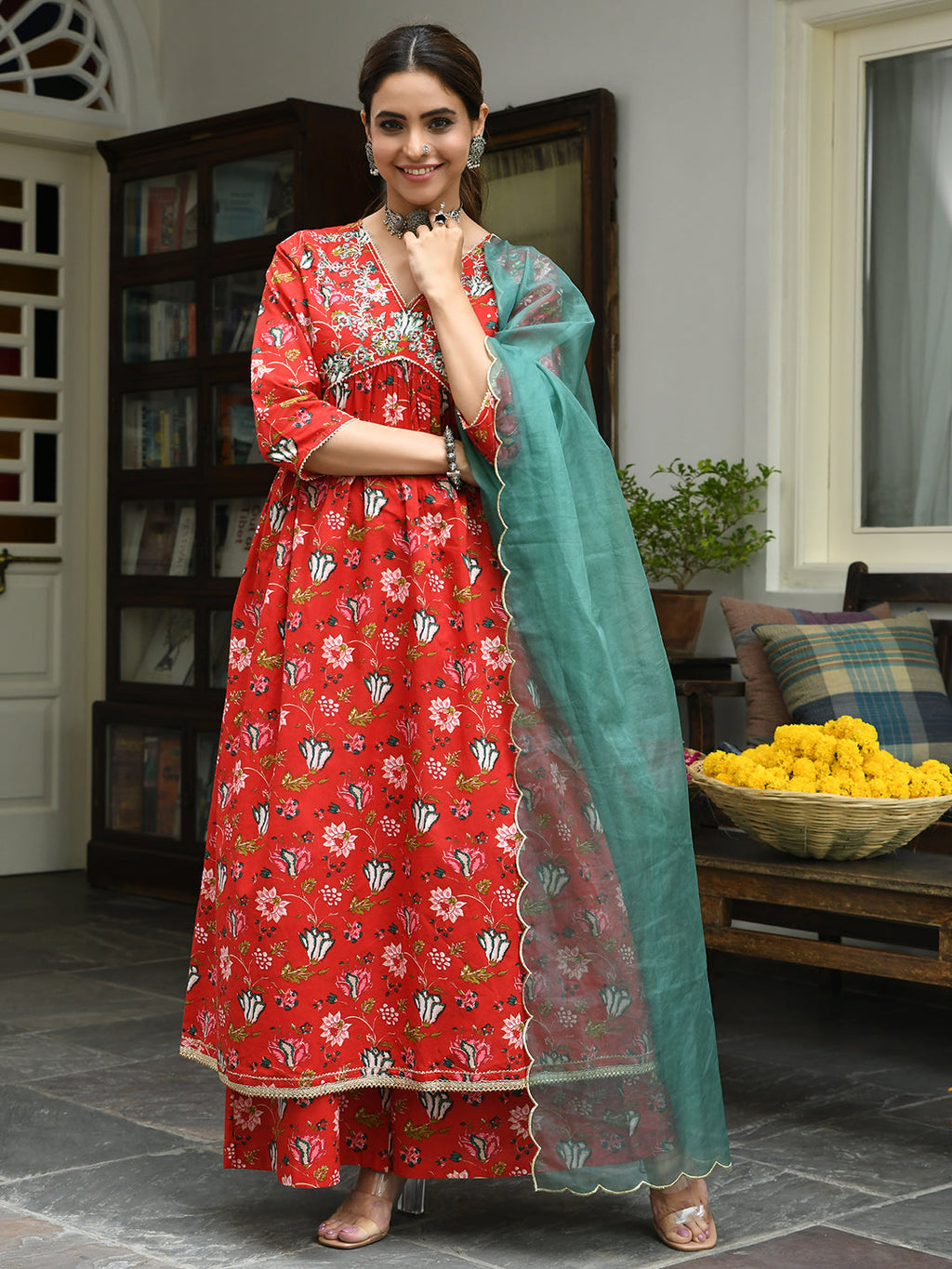 Janasya Women's Red Cotton Floral Block Print Kurta With Palazzo And Dupatta | Grocsy