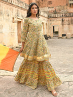 Janasya Women's Light Green Cotton Floral Block Print Kurta With Gharara And Dupatta | Grocsy