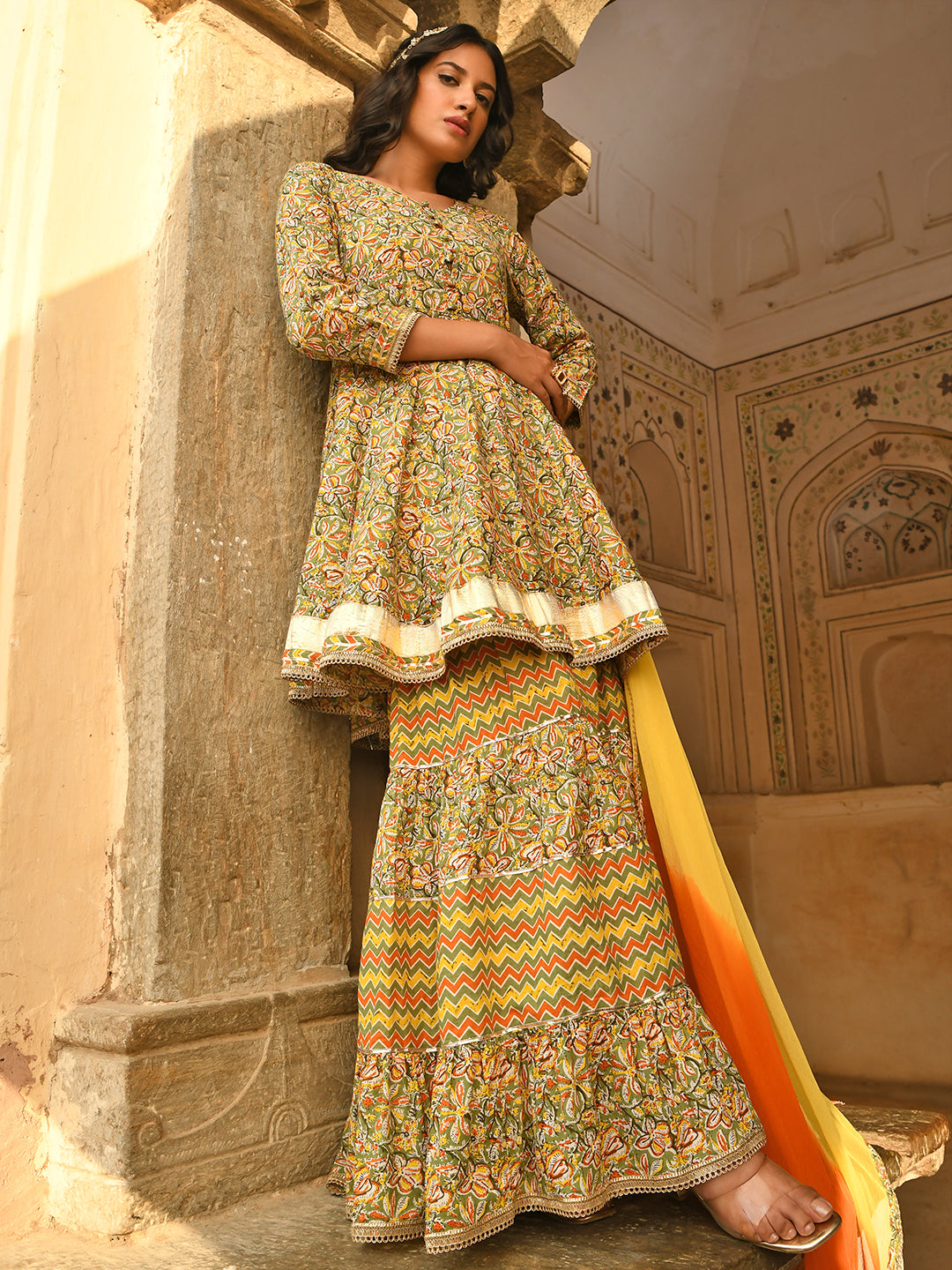 Janasya Women's Light Green Cotton Floral Block Print Kurta With Gharara And Dupatta | Grocsy