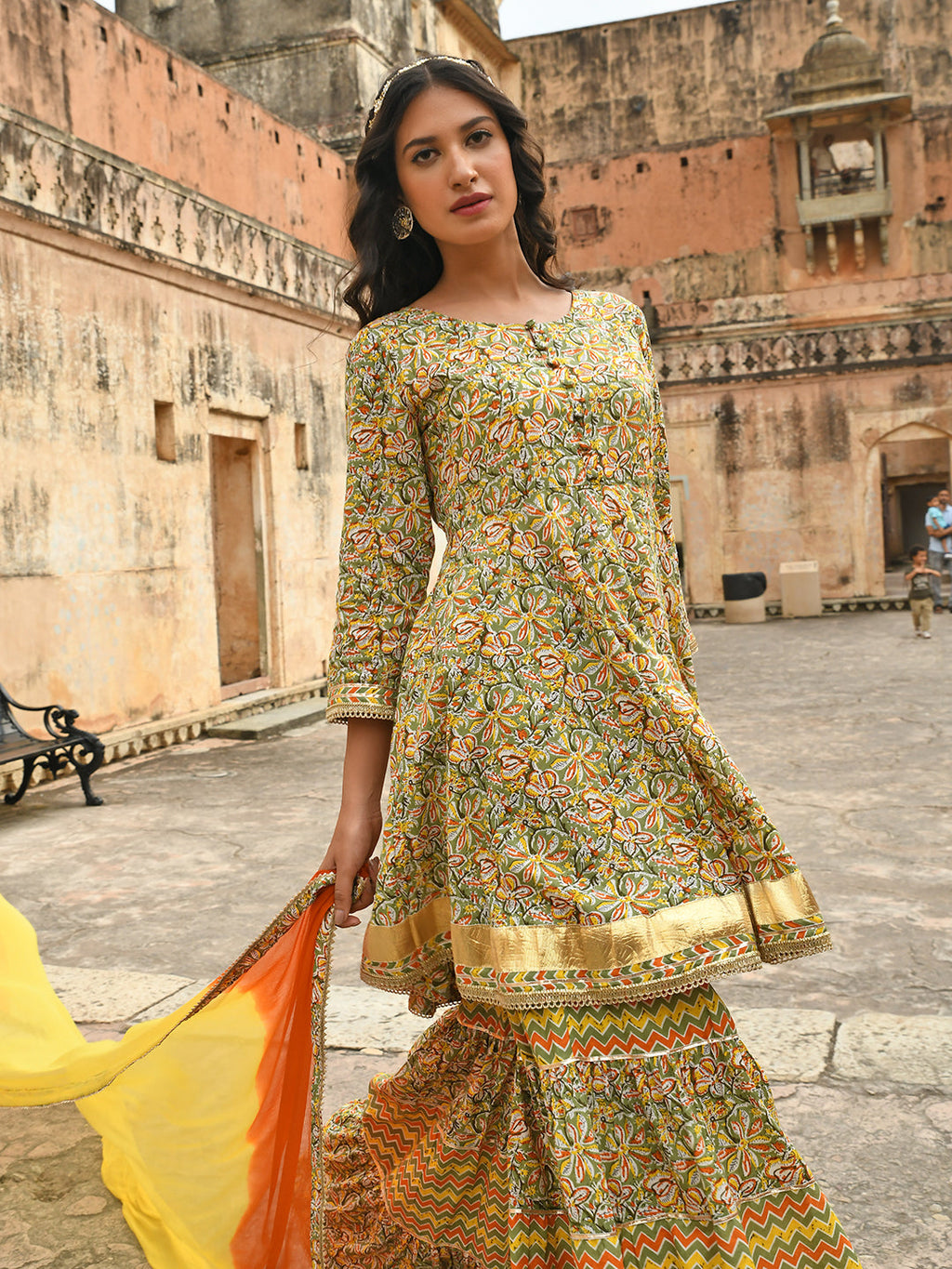 Janasya Women's Light Green Cotton Floral Block Print Kurta With Gharara And Dupatta | Grocsy