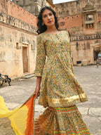 Janasya Women's Light Green Cotton Floral Block Print Kurta With Gharara And Dupatta | Grocsy