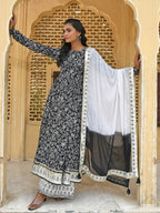 Janasya Women's Black Cotton Floral Print Kurta With Palazzo And Dupatta | Grocsy