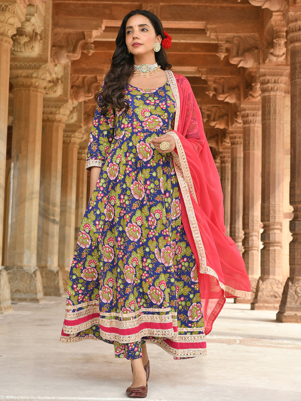 Janasya Women's Blue Cotton Floral Block Print Kurta With Pant And Dupatta | Grocsy