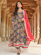 Janasya Women's Blue Cotton Floral Block Print Kurta With Pant And Dupatta | Grocsy