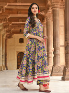 Janasya Women's Blue Cotton Floral Block Print Kurta With Pant And Dupatta | Grocsy