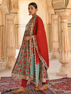Janasya Women's Sea Green Cotton Floral Block Print Kurta With Pant And Dupatta | Grocsy