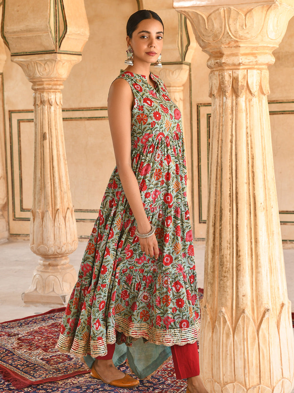 Janasya Women's Sea Green Cotton Floral Block Print Kurta With Pant And Dupatta | Grocsy