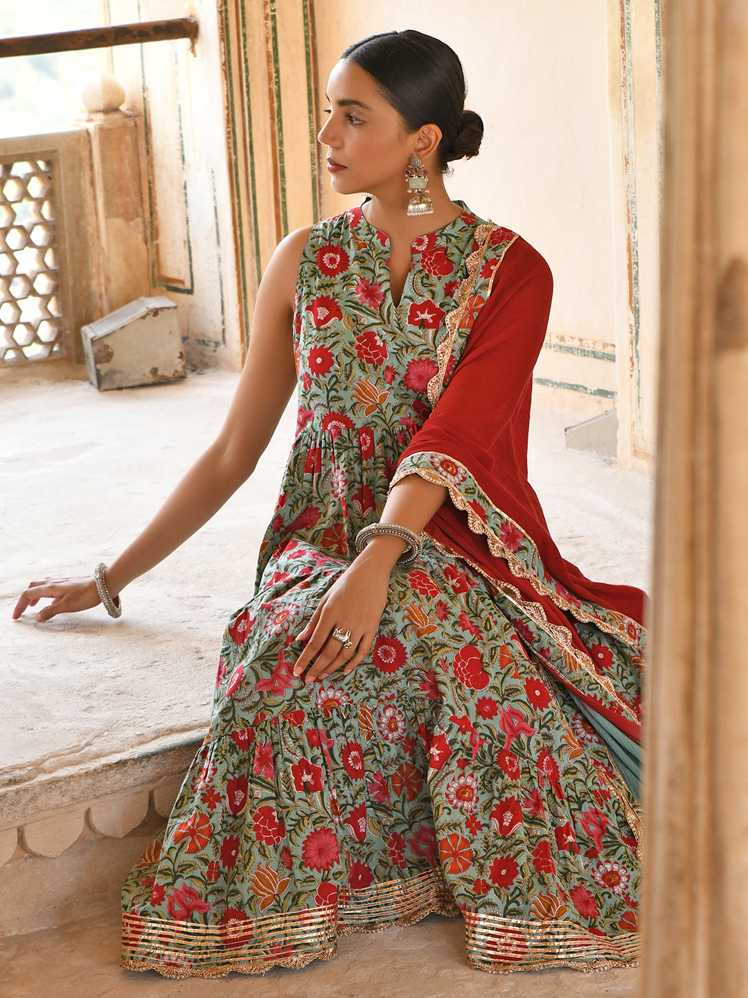 Janasya Women's Sea Green Cotton Floral Block Print Kurta With Pant And Dupatta | Grocsy