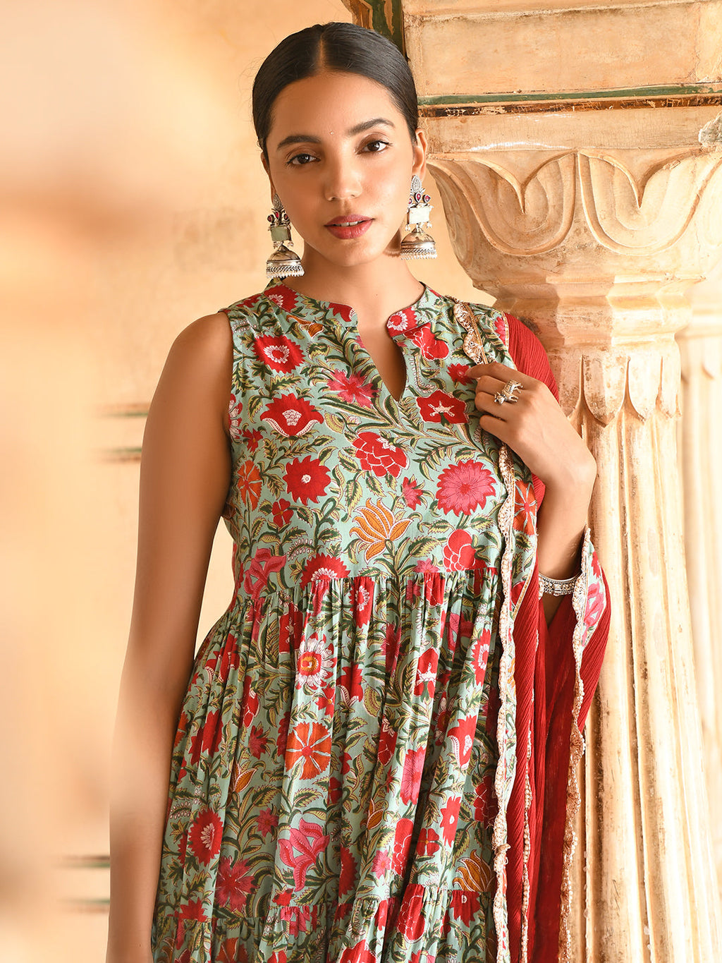 Janasya Women's Sea Green Cotton Floral Block Print Kurta With Pant And Dupatta | Grocsy