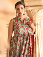Janasya Women's Sea Green Cotton Floral Block Print Kurta With Pant And Dupatta | Grocsy