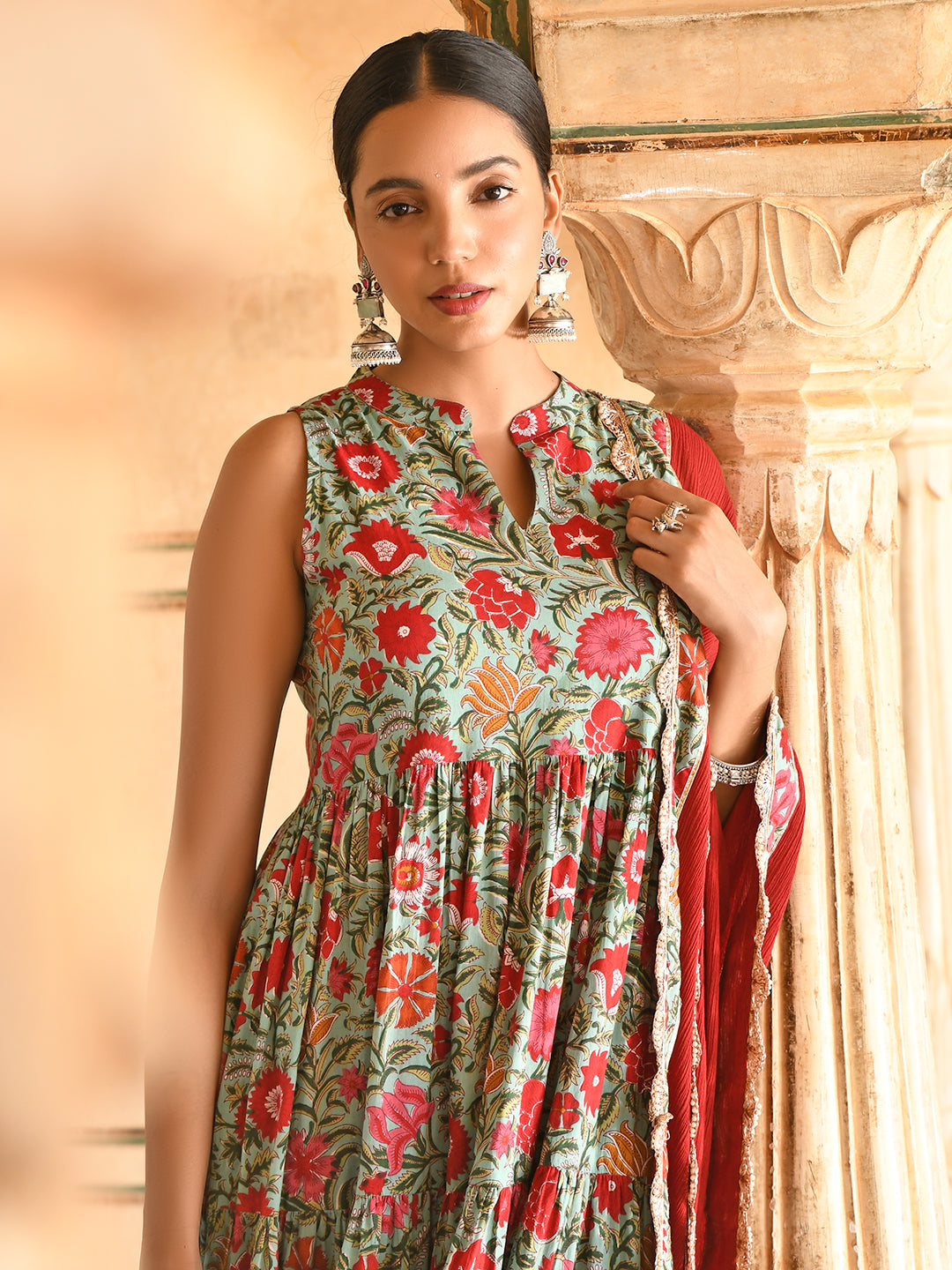 Janasya Women's Sea Green Cotton Floral Block Print Kurta With Pant And Dupatta | Grocsy
