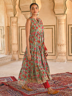 Janasya Women's Sea Green Cotton Floral Block Print Kurta With Pant And Dupatta | Grocsy