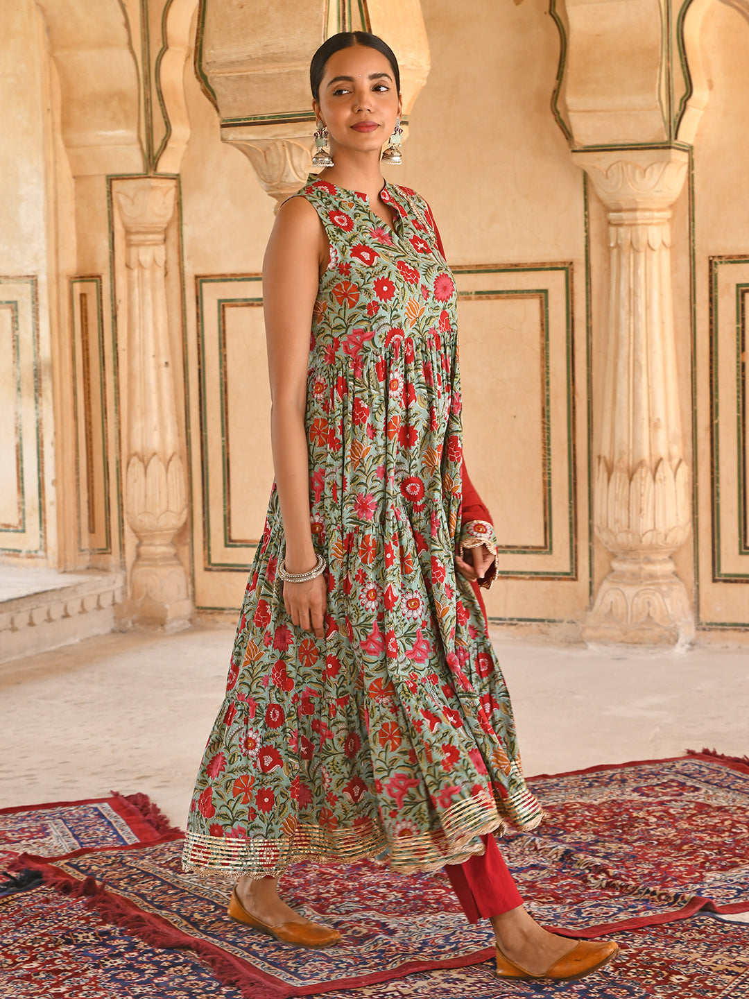 Janasya Women's Sea Green Cotton Floral Block Print Kurta With Pant And Dupatta | Grocsy