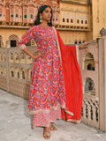 Janasya Women's Red Cotton Floral Block Print Kurta With Flared Palazzo And Dupatta | Grocsy