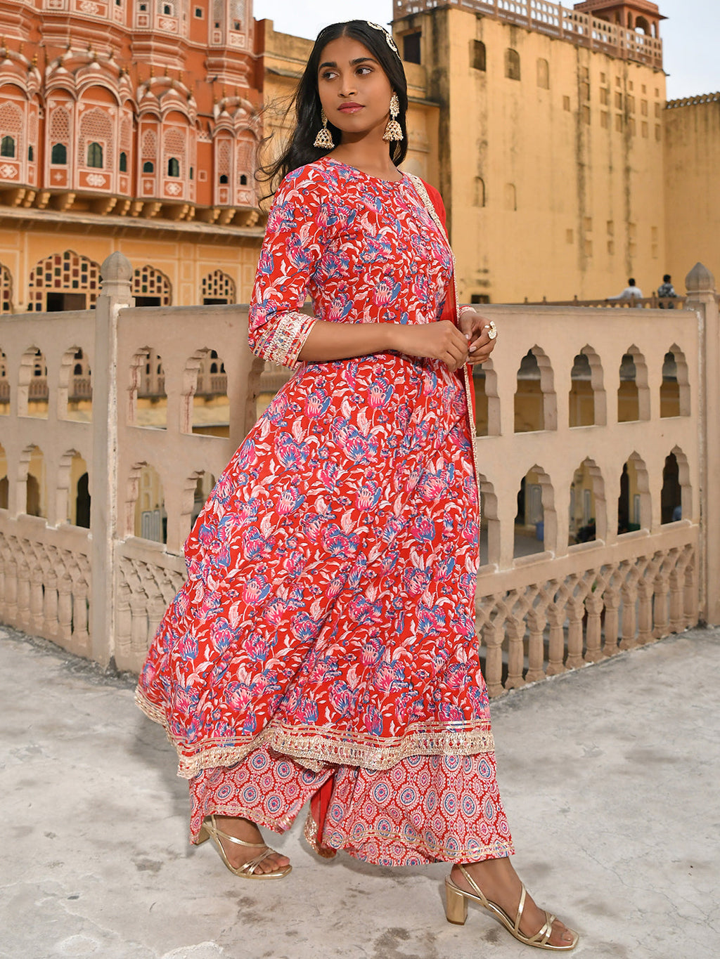 Janasya Women's Red Cotton Floral Block Print Kurta With Flared Palazzo And Dupatta | Grocsy