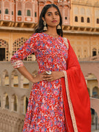 Janasya Women's Red Cotton Floral Block Print Kurta With Flared Palazzo And Dupatta | Grocsy