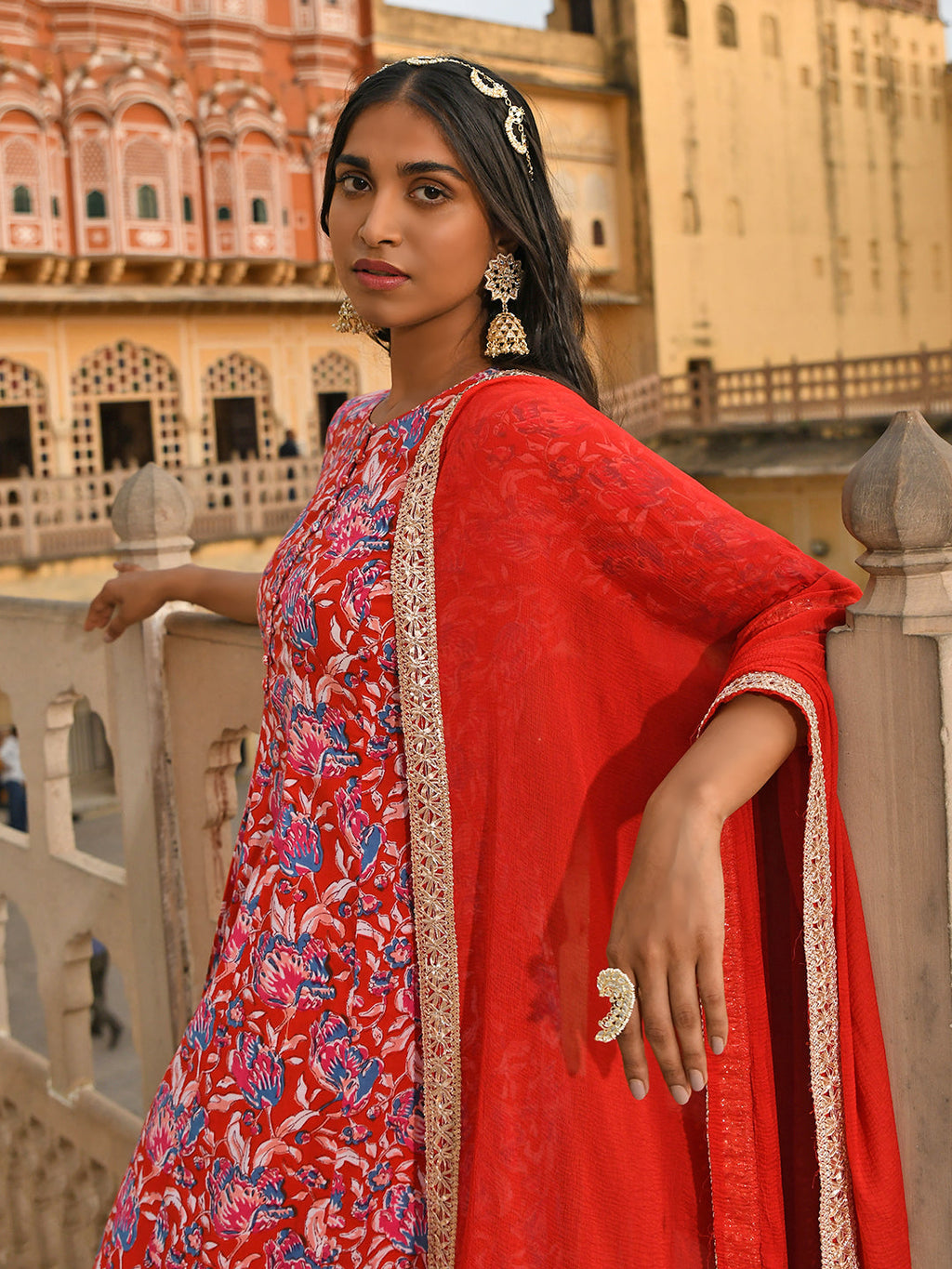 Janasya Women's Red Cotton Floral Block Print Kurta With Flared Palazzo And Dupatta | Grocsy