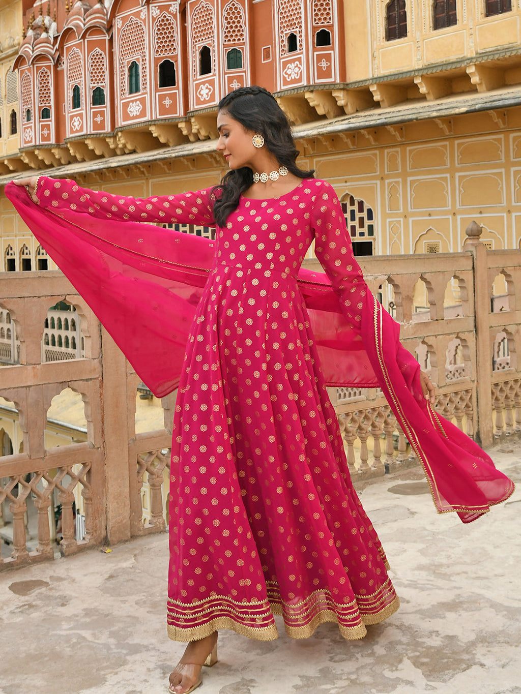 Janasya Women's Bright Pink Georgette Foil Print Kurta With Dupatta | Grocsy