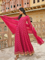Janasya Women's Bright Pink Georgette Foil Print Kurta With Dupatta | Grocsy