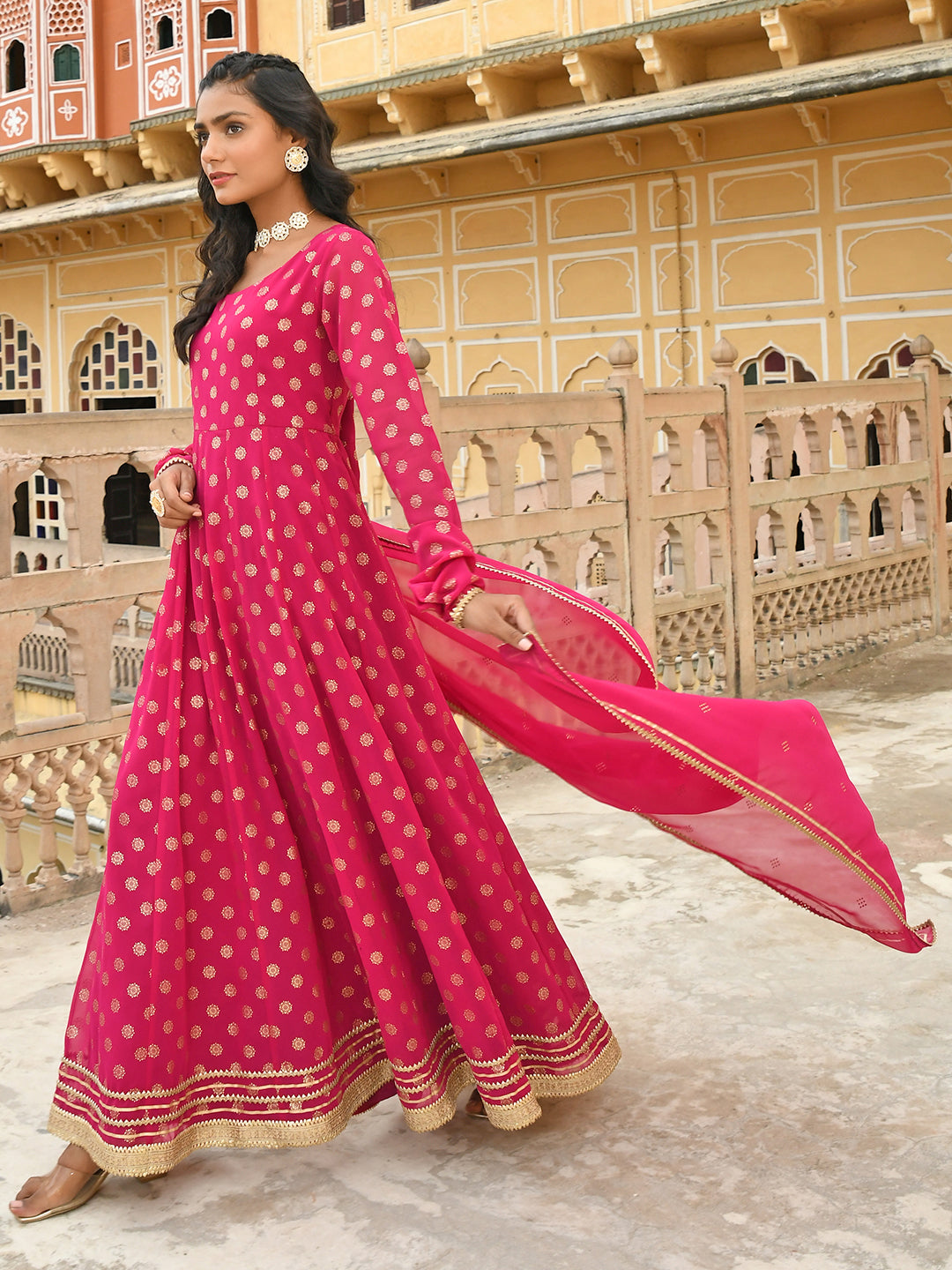 Janasya Women's Bright Pink Georgette Foil Print Kurta With Dupatta | Grocsy