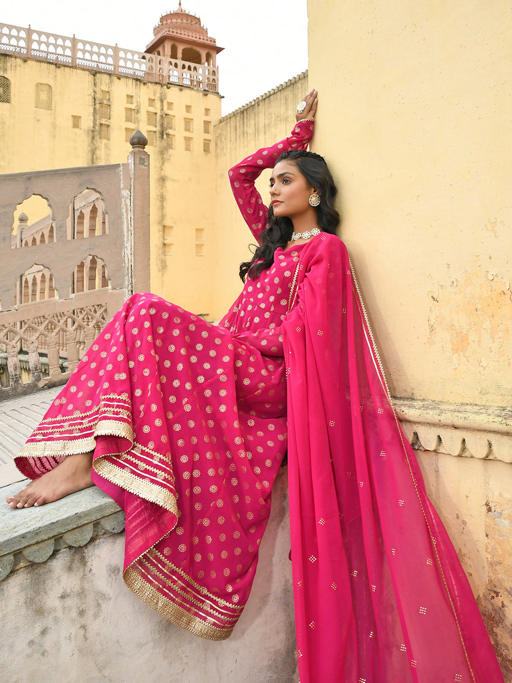 Janasya Women's Bright Pink Georgette Foil Print Kurta With Dupatta | Grocsy