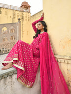 Janasya Women's Bright Pink Georgette Foil Print Kurta With Dupatta | Grocsy