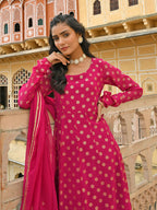 Janasya Women's Bright Pink Georgette Foil Print Kurta With Dupatta | Grocsy