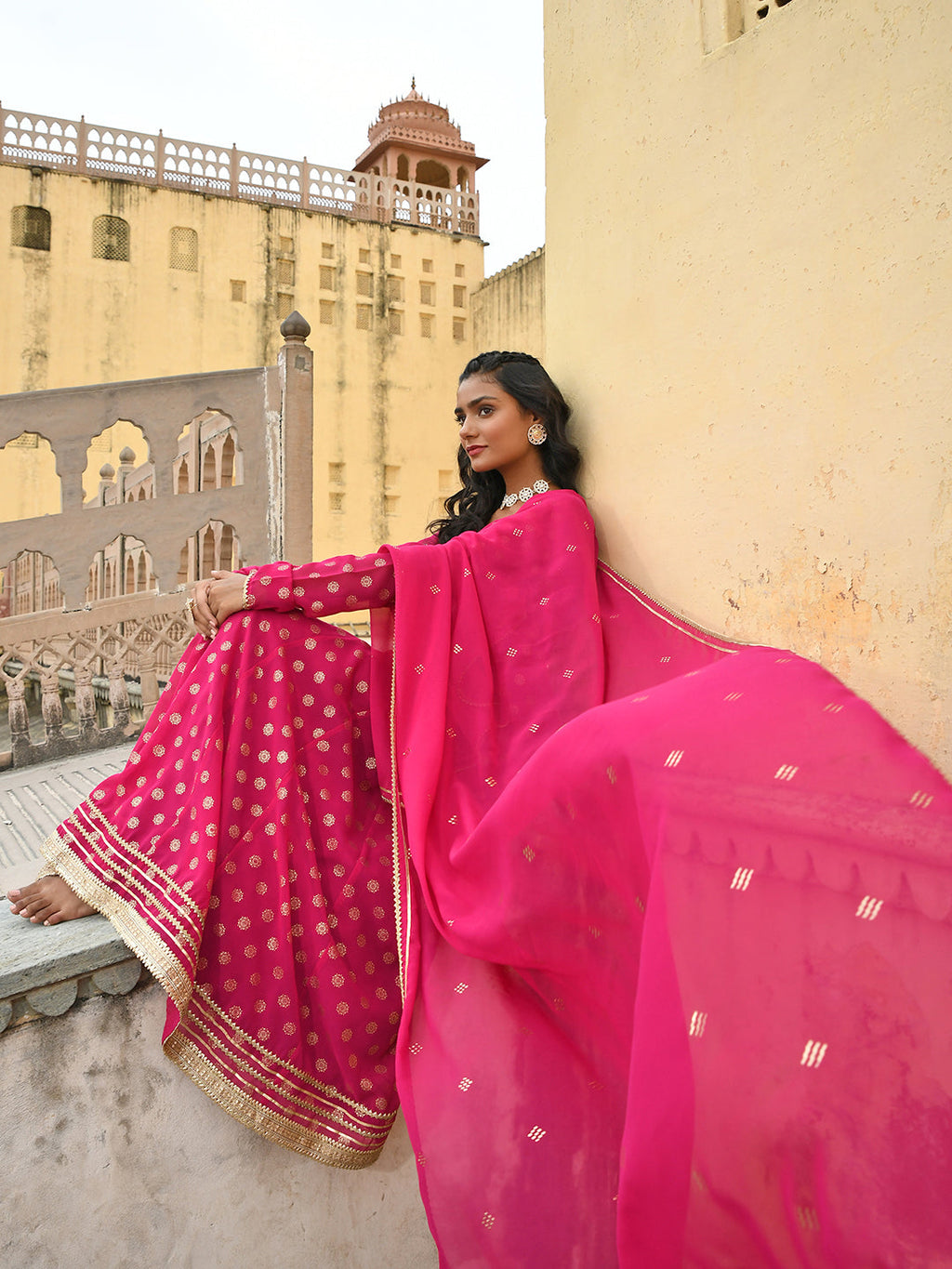 Janasya Women's Bright Pink Georgette Foil Print Kurta With Dupatta | Grocsy