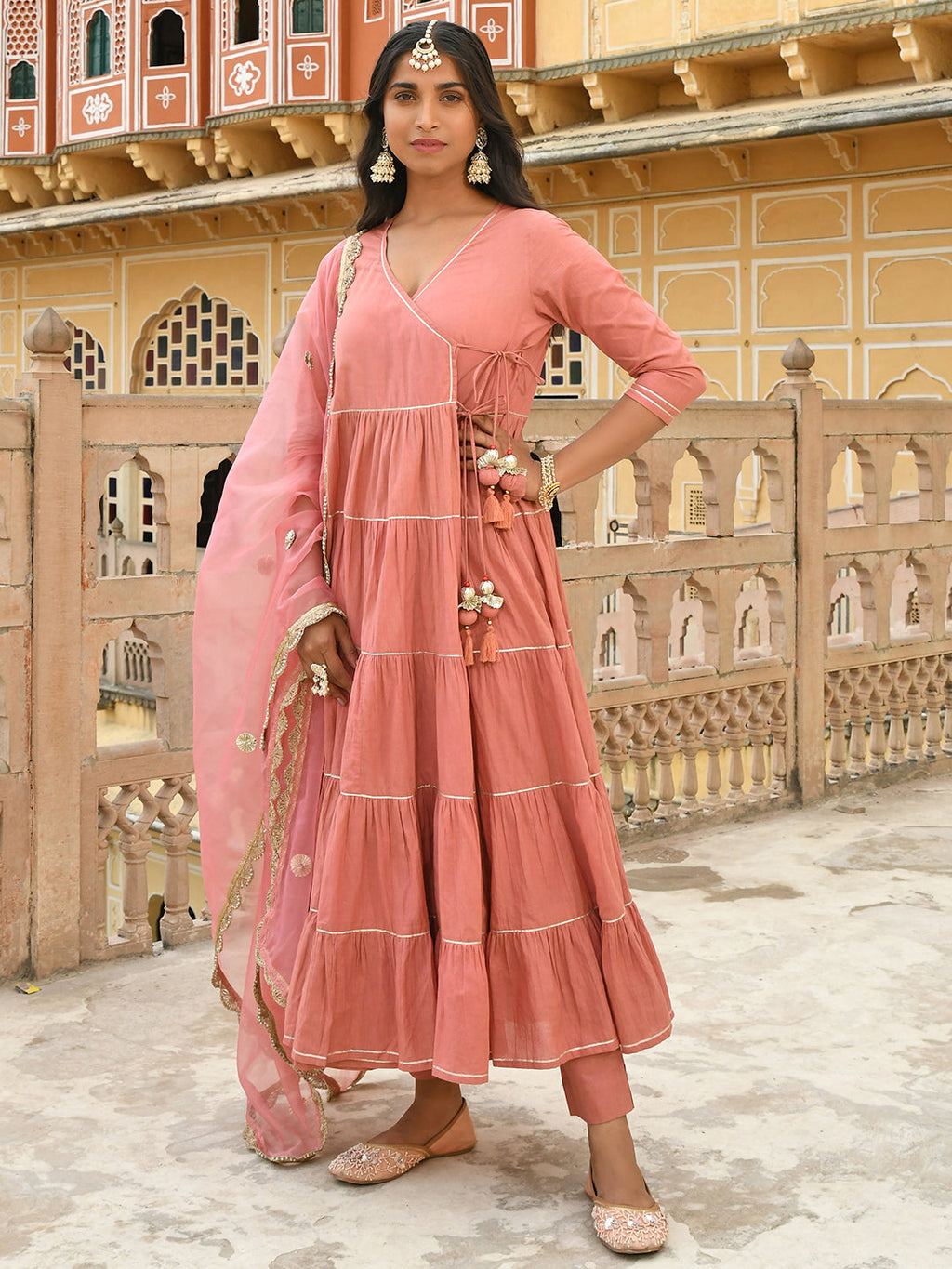 Janasya Women's Dusty Rose Cotton Embellished Kurta With Pant And Dupatta | Grocsy