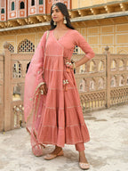 Janasya Women's Dusty Rose Cotton Embellished Kurta With Pant And Dupatta | Grocsy