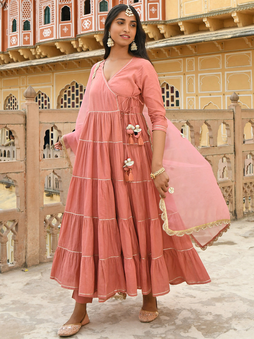 Janasya Women's Dusty Rose Cotton Embellished Kurta With Pant And Dupatta | Grocsy