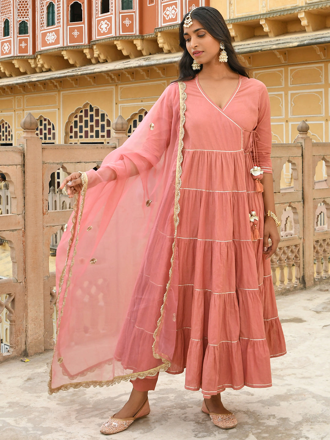 Janasya Women's Dusty Rose Cotton Embellished Kurta With Pant And Dupatta | Grocsy
