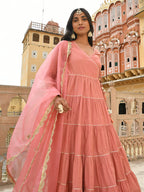 Janasya Women's Dusty Rose Cotton Embellished Kurta With Pant And Dupatta | Grocsy