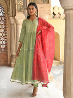 Janasya Women's Pastel Green Cotton Solid Kurta With Pant And Dupatta | Grocsy